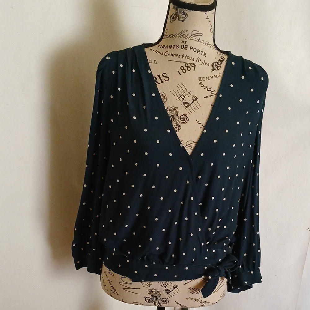Madewell Green Wrap Blouse with 3/4 Sleeves and Tie Front